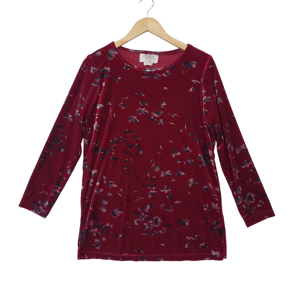 Cervelle Velvet Floral Top Womens Size‎ S Red Vintage 90s Long Sleeve Tunic Boho